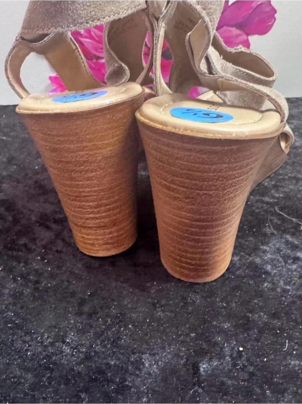 Taupe Suede Open-Toe Wedge Sandals